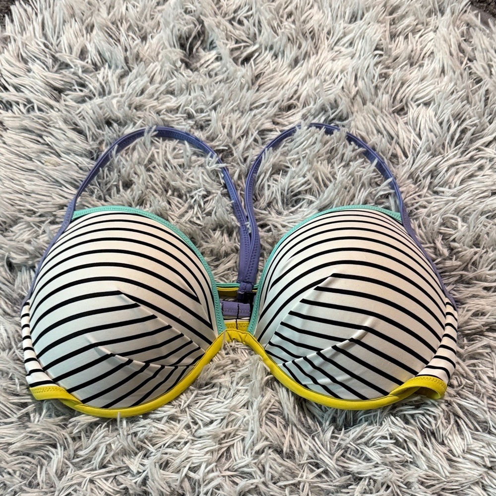 Victoria's Secret Yellow Trim Striped Bikini Top Size 36DD